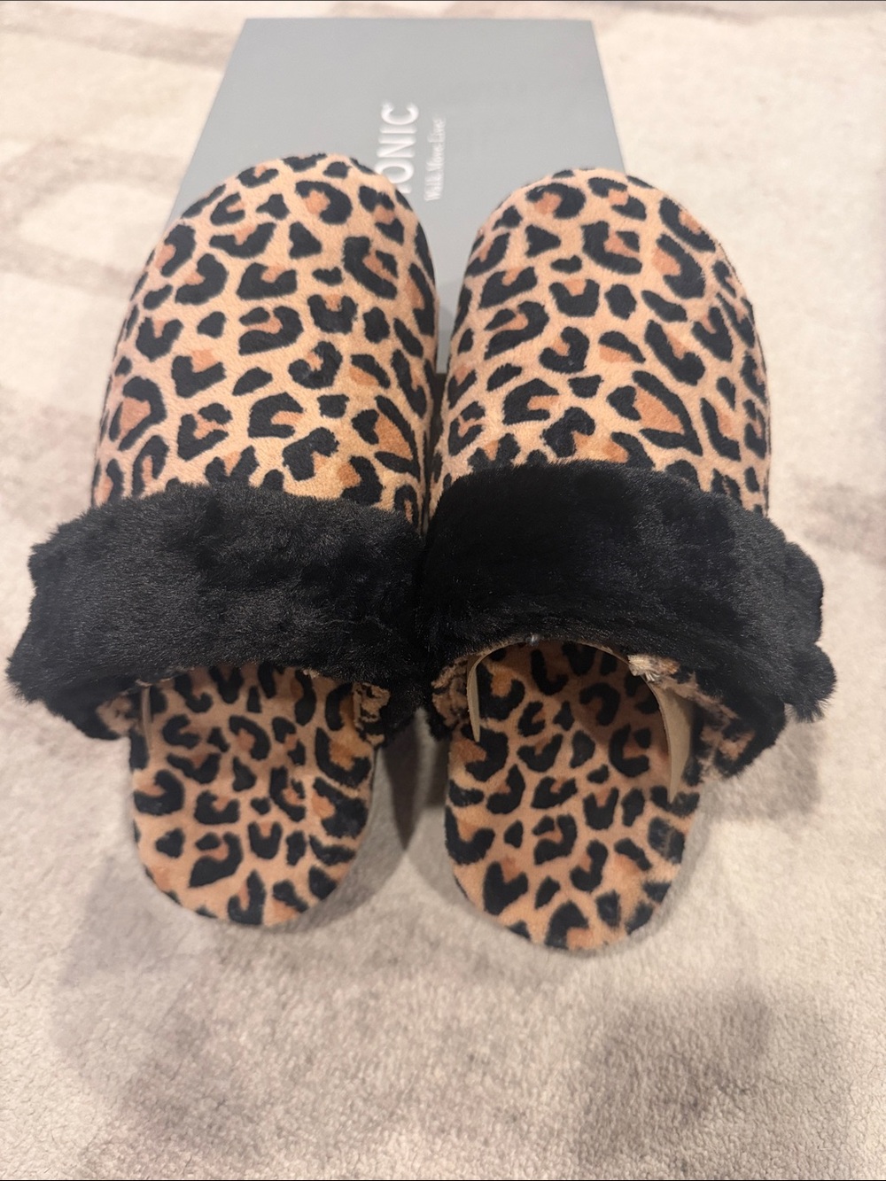 Vionic Women's Leopard Print Slippers with Black Faux Fur Trim